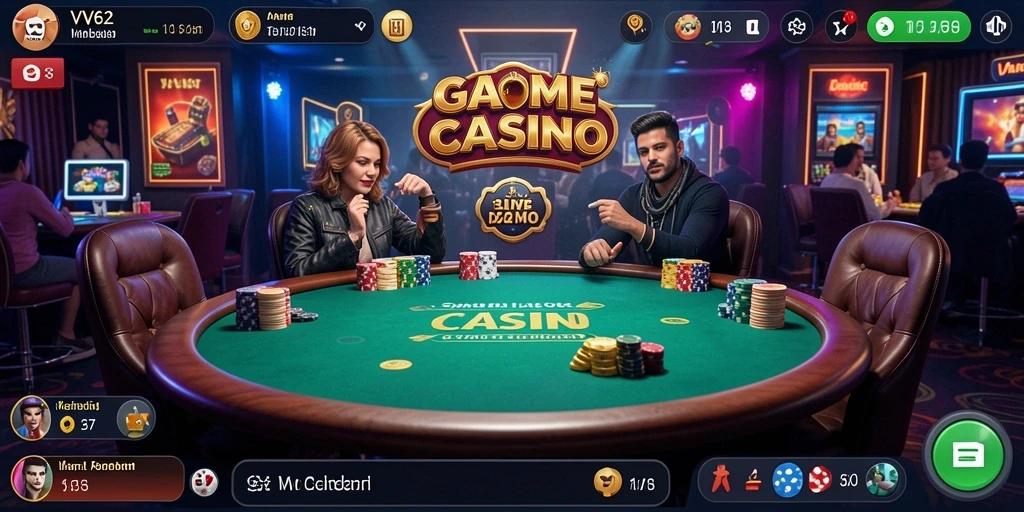 Screenshot gameplay menunjukkan dealer interaktif dan suasana kasino yang hidup.